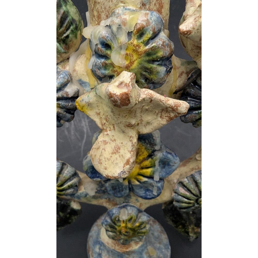 Mexican Antique Tree Of Life 7" Candelabra Flowers Doves Terra Cotta Blue Green - Picture 4 of 9